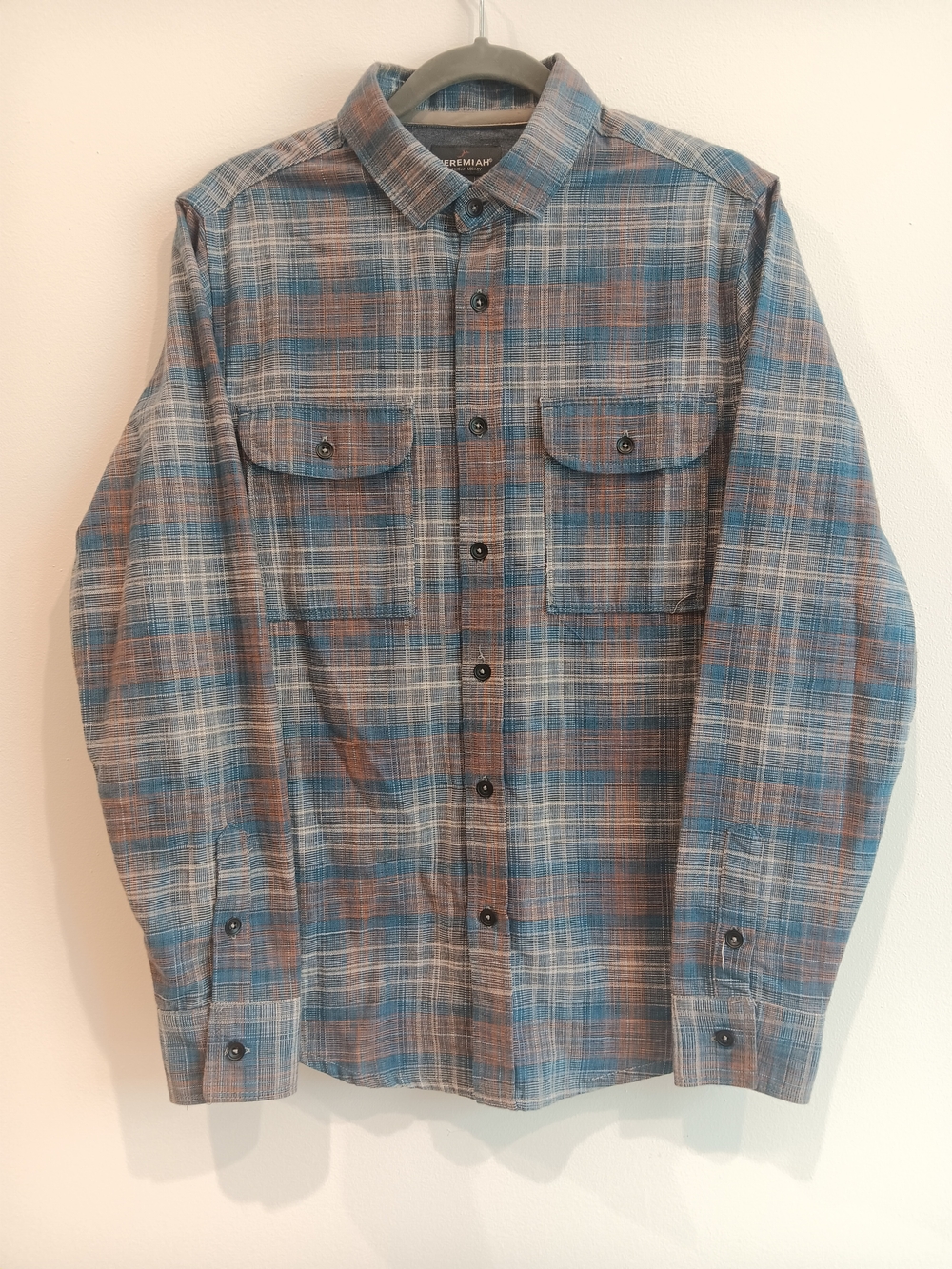 Jeremiah American Legacy Mens Plaid Long Sleeve Button Up Shirt Teal Rust SMALL